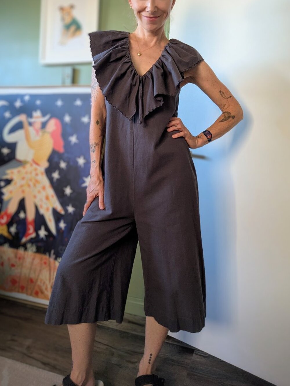 Maria Stanley Cascada Ruffle Wide Leg Jumpsuit Anthropologie Cropped XS Grey